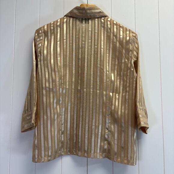 Vintage Joanna Womens Old Money Shimmery‎ Striped Semi-Sheer Blouse Size M Gold - Picture 2 of 7